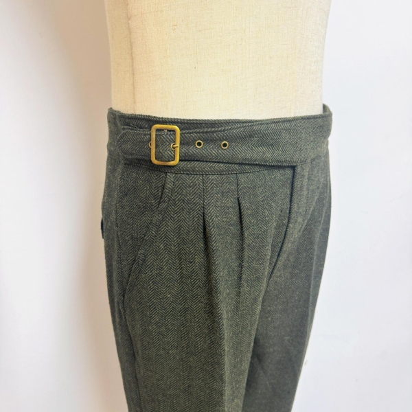 Cozy Wool Pants with Pleats, Men Fall Straight Leg Wool Trousers, Adjustable Waist Gurkha Pants, Rolled Hem Large Size Wool Pants