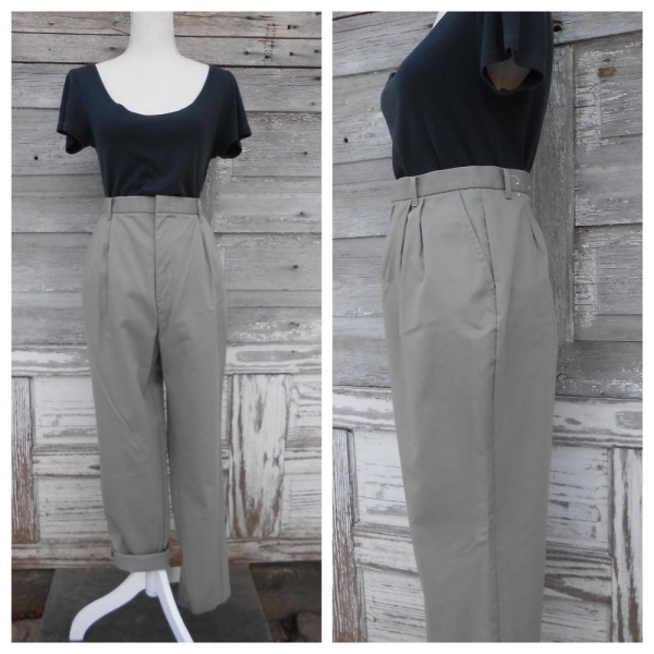 90s High Waisted Pants/Sage Green Cotton blend Trousers/32 waist