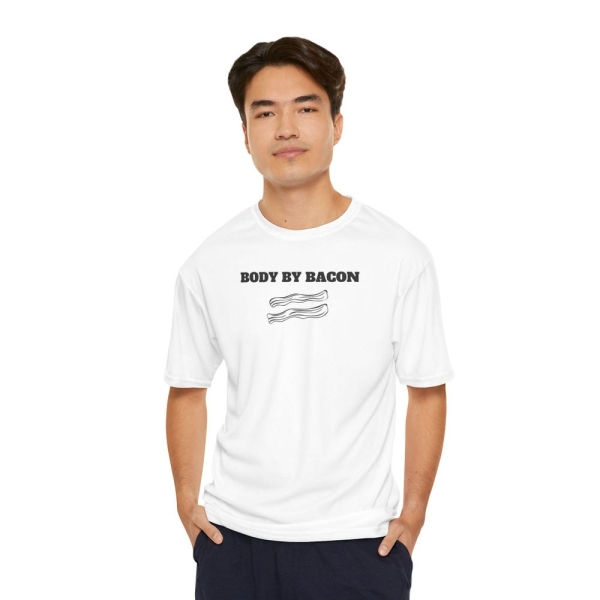 Body By Bacon Men's Performance T-Shirt, Funny Workout Shirt, Gym Apparel, Bacon Lover Gift, Fitness Tee, Dri-Fit Top