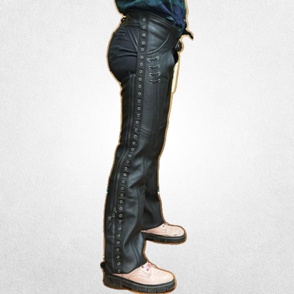 Women's Black Leather Chaps with Bold Side Rivet Accents and Adjustable Fit |Women's Black Leather Motorbike Chaps | Adjustable Leather Chap