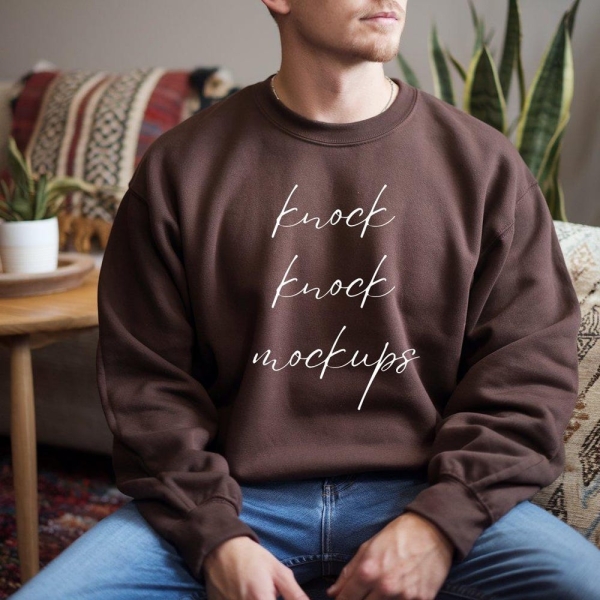 Dark Chocolate Gildan 18000 Sweatshirt Mockup, G 180 Blank Simple Cozy Sweater, Mockup for Men, Man Model, High Quality Instant Download