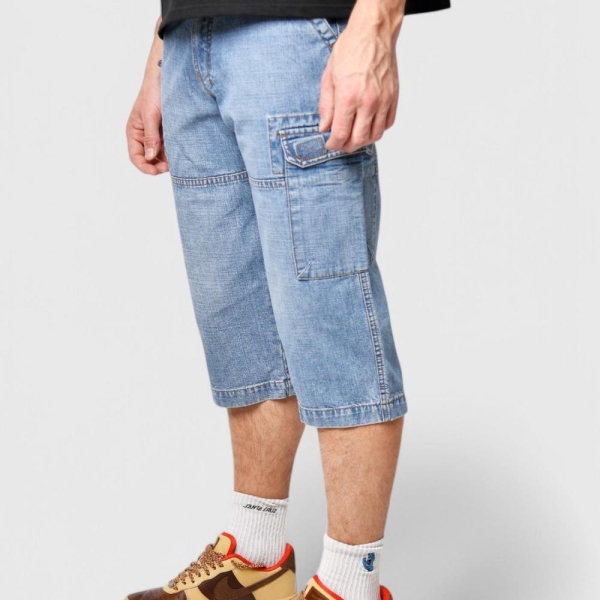 Vintage rave long length denim capri shorts | Light stone wash blue jeans mens | 90s Y2K 2000s style multi pocket cargo shorts | Small 31