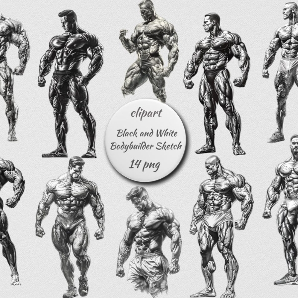 Bodybuilder Sketch Clipart, Muscular Man PNG, Black and White Fitness Drawing Set, Transparent Background, Instant Download Commercial Use