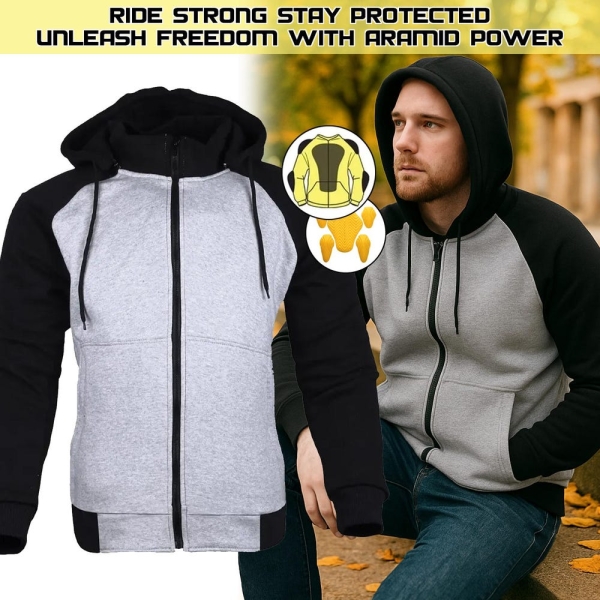 Mens Aramid Lined Motorcycle Hoodie with CE Level 2 Armor Aramid Biker Hoodie Protective Streetwear Jacket for Riders