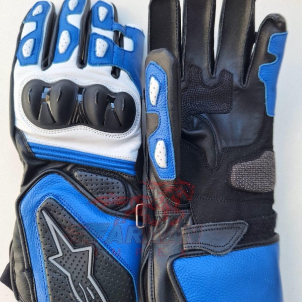 Alpinestars Motorcycle Racing Gloves Blue Black Leather Protective Motorbike Gloves with Knuckle Armor for Biker Riding and Racing