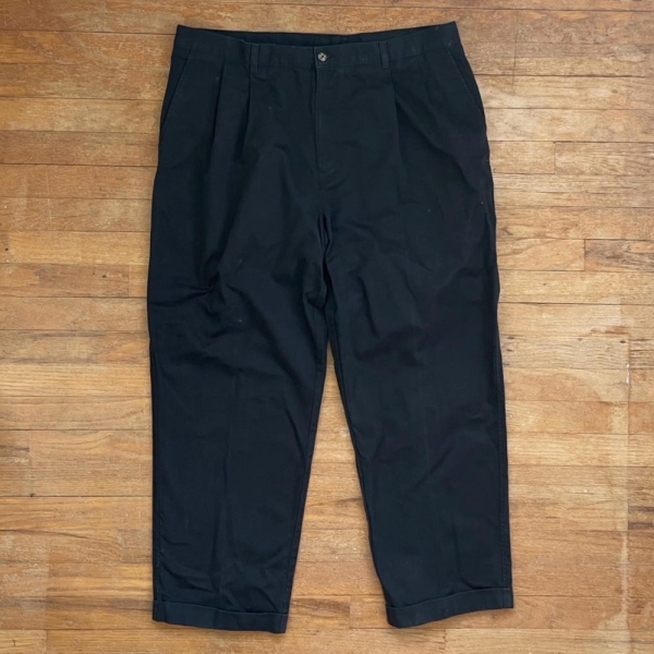 Vintage Mens Faded Black Chinos Size 40x29 1990s Twill Cotton Pleated Pants | 40 Waist x 29 Inseam