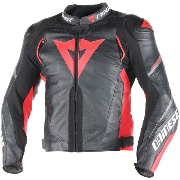 Dainese Leather Motorcycle Jacket for Men Black and Red Racing Biker Jacket Protective Riding Gear for Street and Track