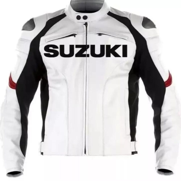 Men’s New Suzuki GSXR White Motorcycle Riding Gear Genuine Cowhide Leather Biker Racing Jacket