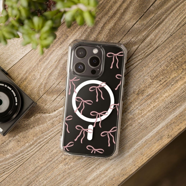 Chic Magnetic Clear Impact Case with Pink Bow Design, Phone Case, Gift for Her, Fashion Accessory, Protective Case, Trendy Phone Cover
