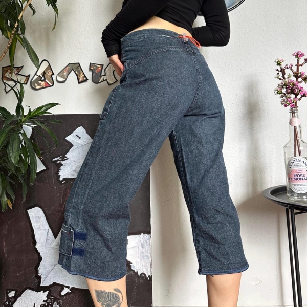 Vintage Unique Diesel Style Lab Utility Wide Denim Capri Shorts 00s